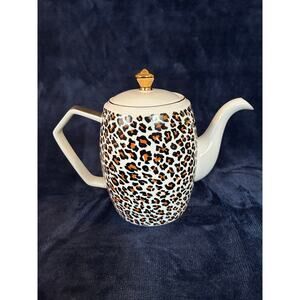 Luxe Living Leopard Print Porcelain Teapot With Gold Color Handle & Knob